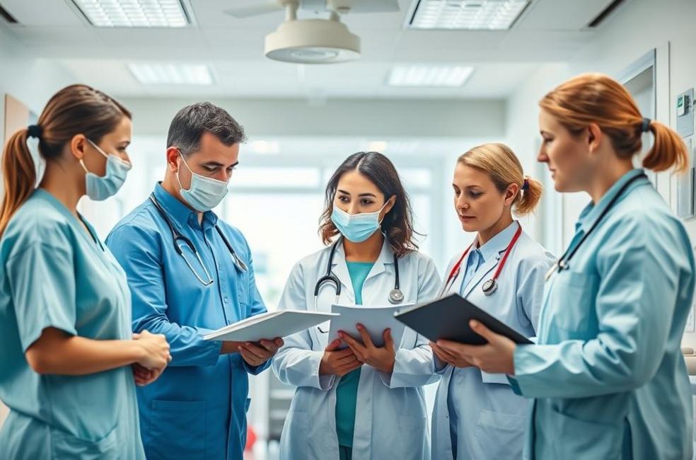 Profissionais de saúde colaborando com o setor privado em ambiente hospitalar.