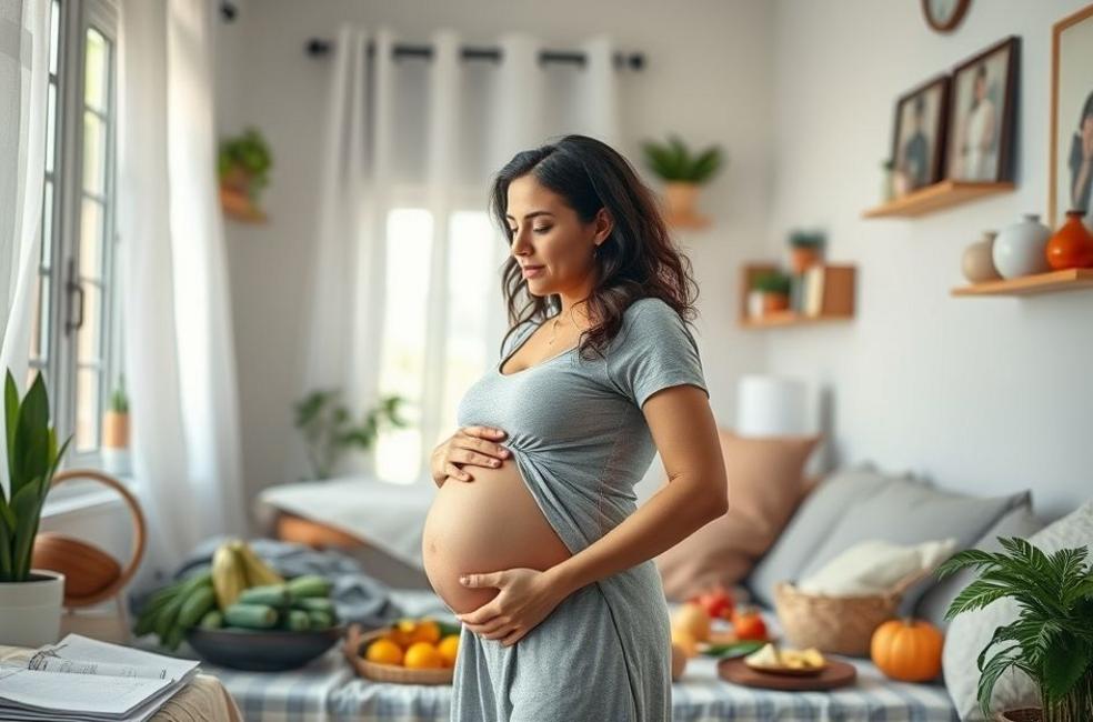 Mulher grávida em um ambiente seguro e saudável, cercada por alimentos nutritivos.