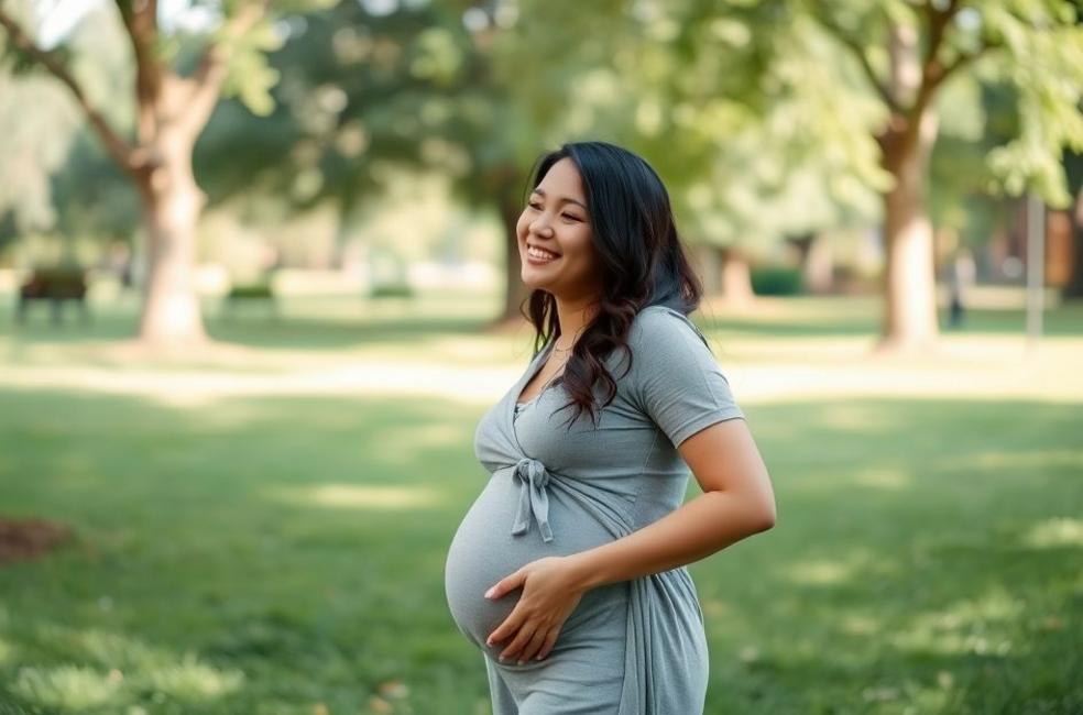 Mãe gestante sorrindo em um parque, simbolizando uma gestação saudável.