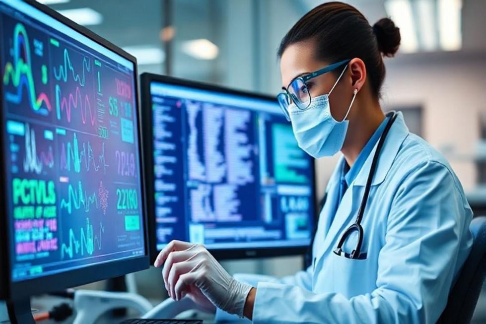 Profissional de saúde analisando dados de diagnósticos moleculares.