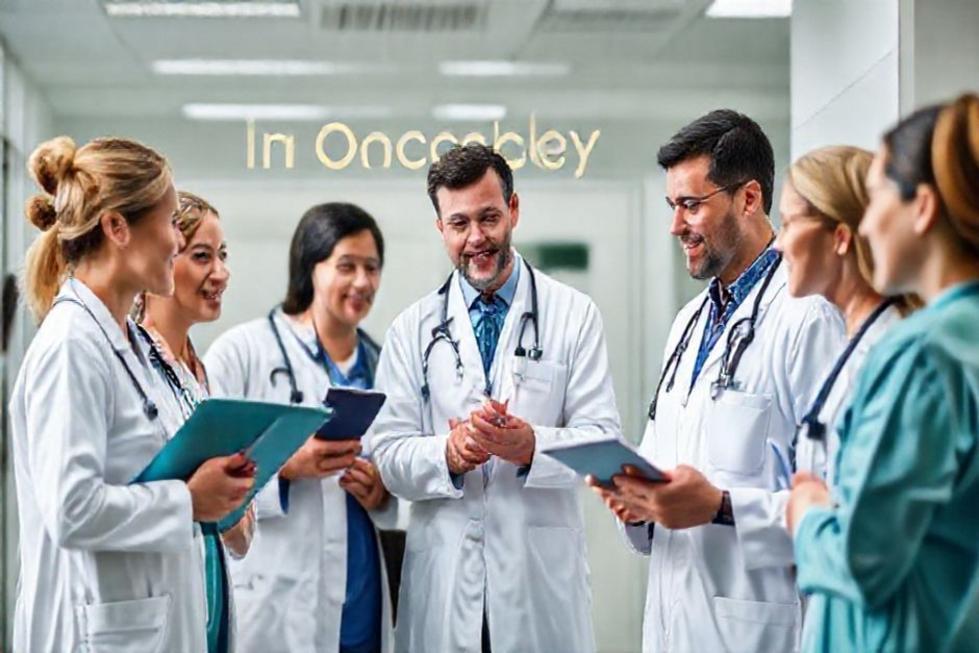 Profissionais de saúde debatendo sobre inovações tecnológicas em oncologia.
