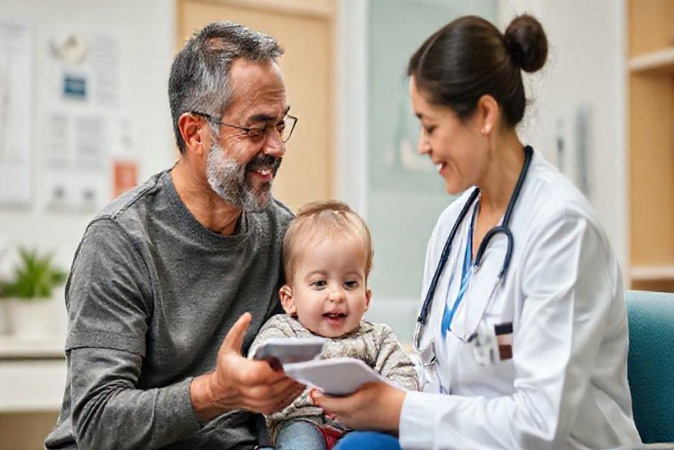 Pai e filho em consulta médica, simbolizando o cuidado com a saúde infantil.