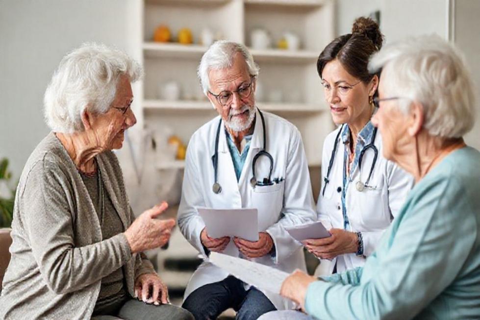 Profissionais de saúde colaborando para o manejo da sarcopenia.