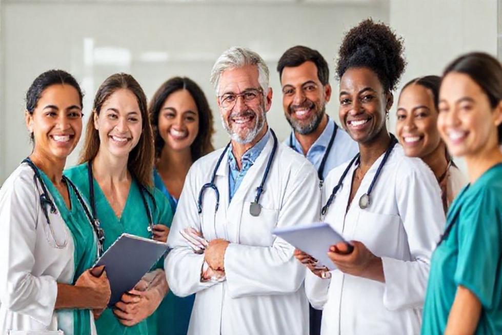 Grupo diversificado de profissionais de saúde proativos em um ambiente saudável.