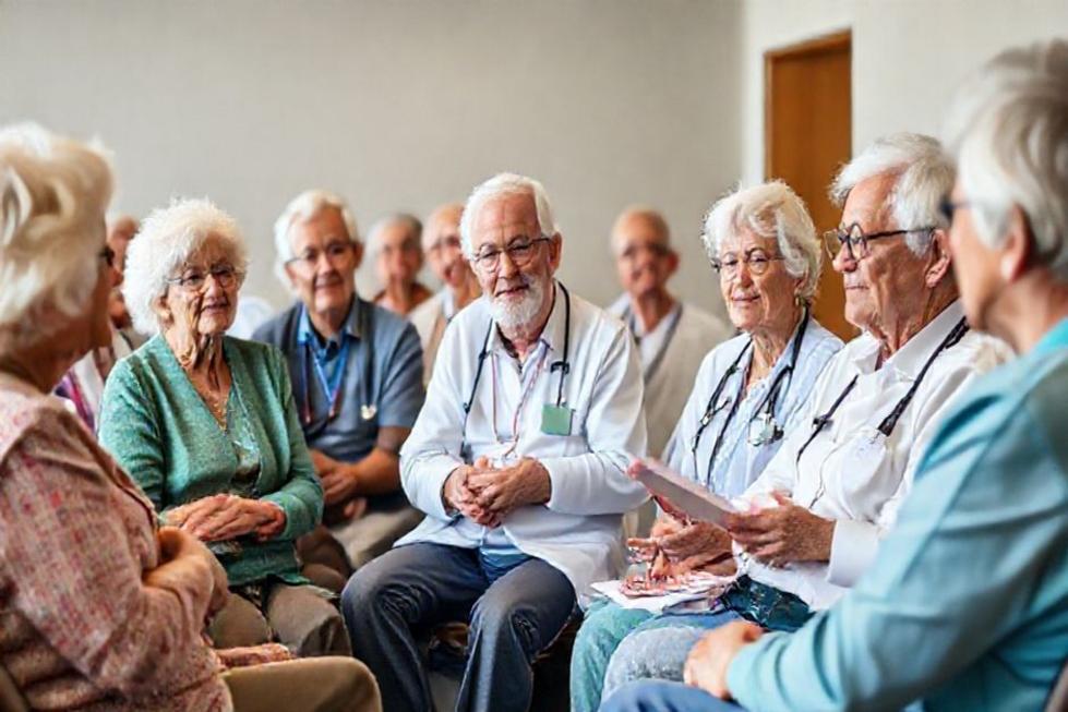 Grupo de idosos participando de seminário sobre prevenção do câncer.
