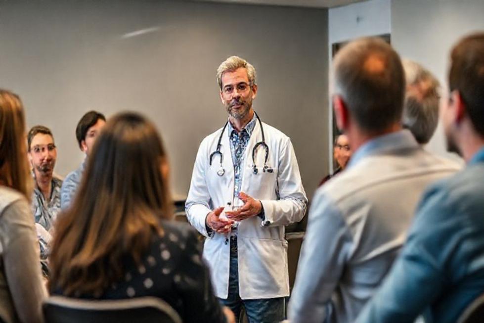 Profissional de saúde em palestra sobre aconselhamento.