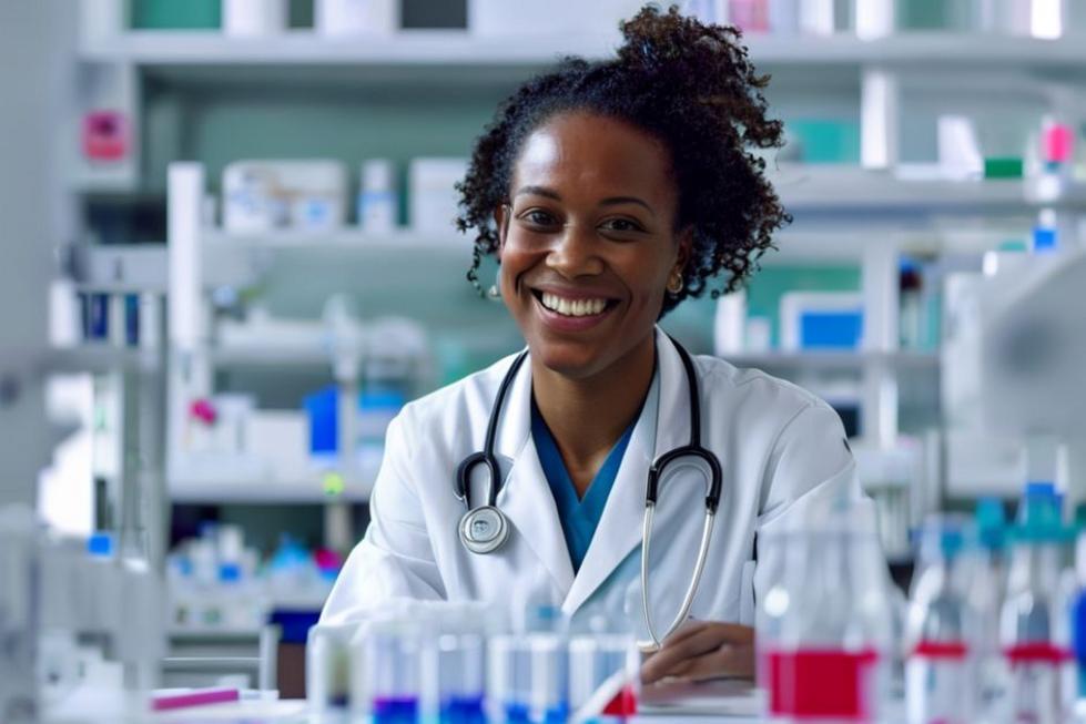 Profissional de saúde trabalhando com equipamentos laboratoriais.