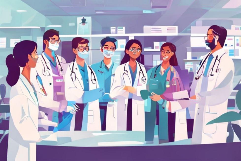 Profissionais de saúde trabalhando juntos em um ambiente clínico.