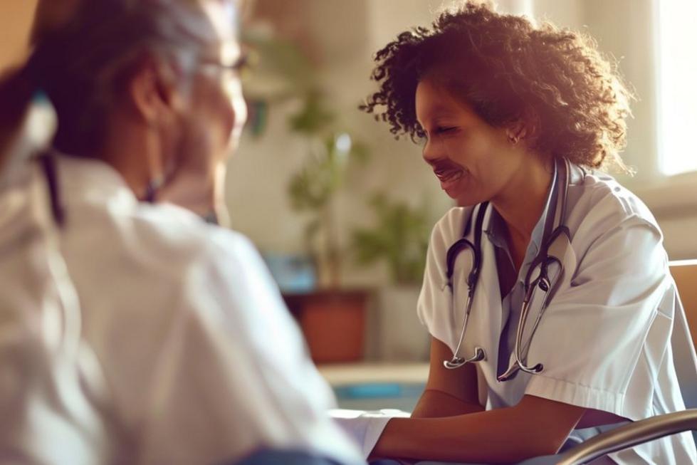 Profissional de saúde conversando com paciente em ambiente clínico.
