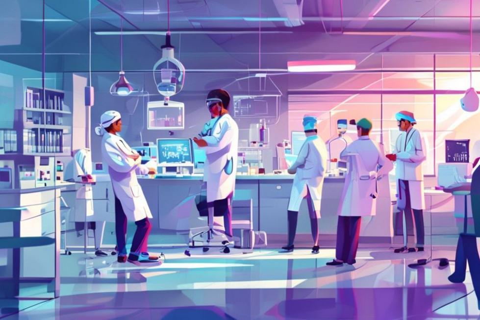 Uma cena moderna de um laboratório médico com foco em tecnologia e trabalho em equipe.