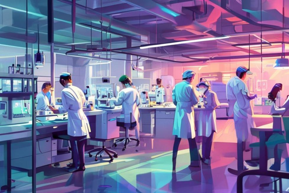 Profissionais em um laboratório médico colaborando em um ambiente moderno.